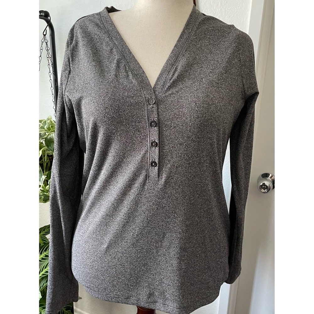 Athleta Uptempo Ribbed Henley Top Women XL Gray‎ Long Sleeve Stretch Athletic - Picture 2 of 9